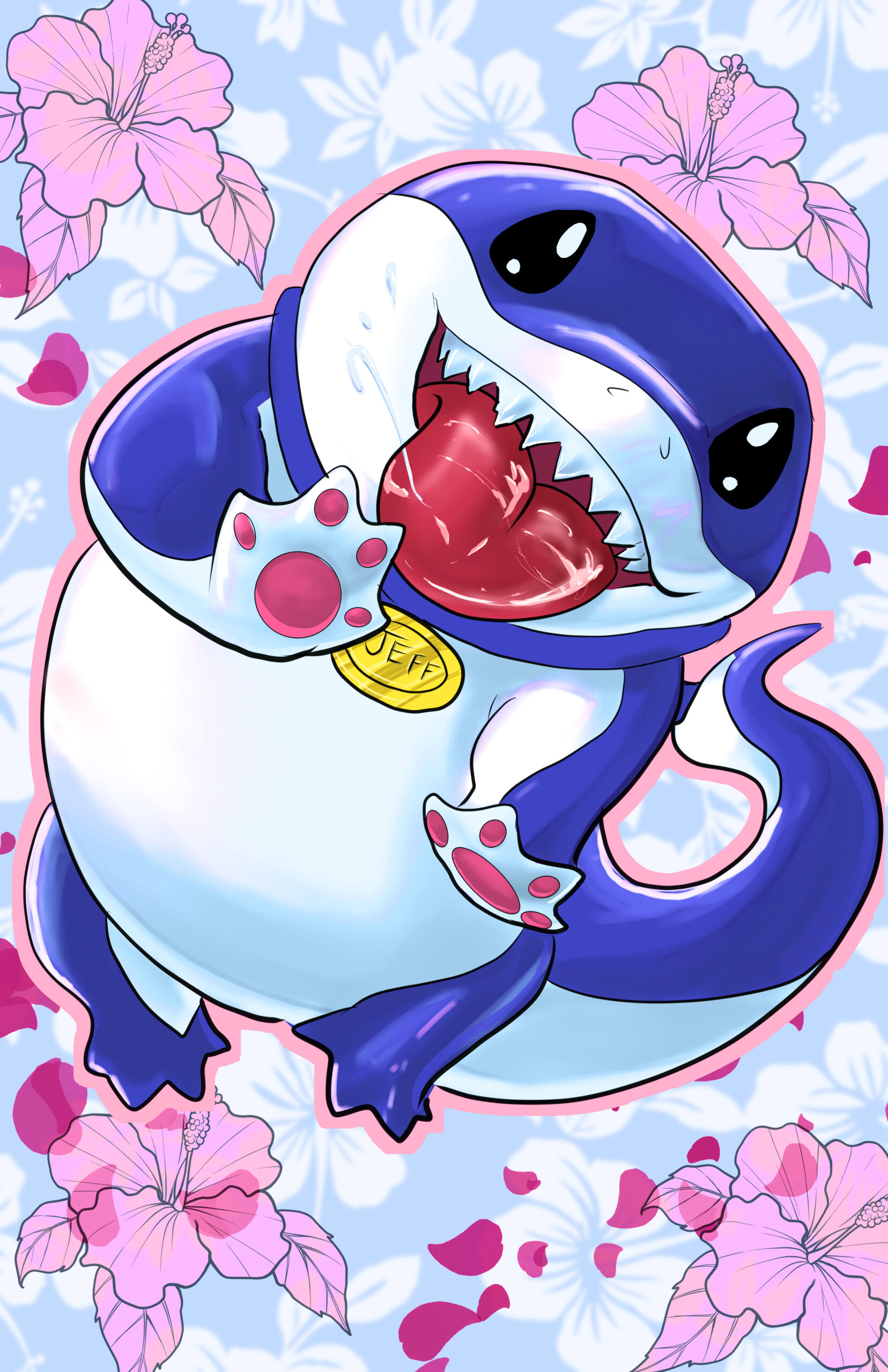 jeff the land shark jumping with flowers around him